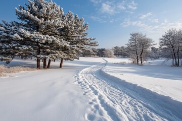 Obraz premium White snowy landscape with pine trees