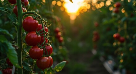 Cherry tomatoes on the vine in evening light, vivid colors, garden rows behind, side-lit shot.