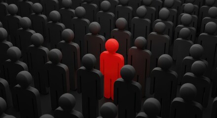 Fototapeta premium Crowd of dark gray figures with one bright red figure standing out, symbolizing leadership, individuality, or being different.
