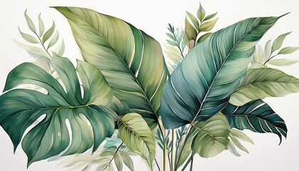 exotic plant leaves are beautifully illustrated in a modern watercolor style isolated on a white background and can be used to create elegant foliage designs for weddings invitations