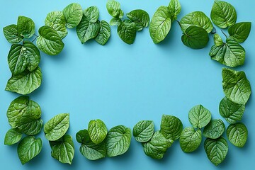Lush green leaves frame light blue background