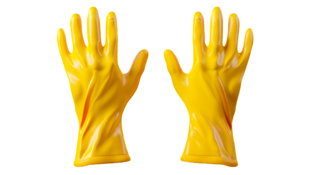 Isolated pair of bright yellow rubber gloves displayed on a transparent background studio shot