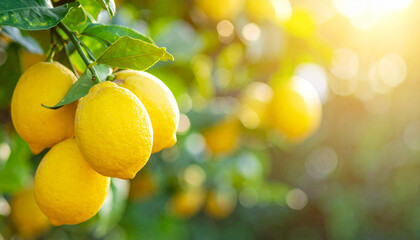 Ripe and juicy lemons growing on tree. Tasty and sweet fruit. Fresh citrus. Natural product.
