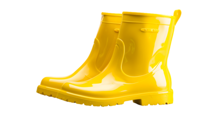 A pair of bright yellow rubber rain boots isolated against a transparent background