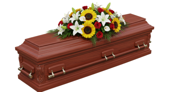 Closed Casket Adorned with Colorful Floral Arrangement - Powered by Adobe