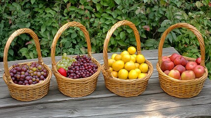 High clarity farm table scene with fresh organic produce baskets arranged on rustic wood table under bright midday sun