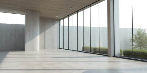 Fototapeta premium Modern Empty Room Design Minimalist Concrete Walls Large Windows Natural Light Spacious Interior