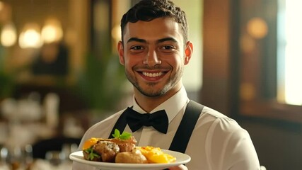 Waiter serves an exquisite dish to guests at an elegant dining establishment during dinner service