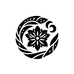 Abstract Black Flower & Leaf Mandala on White, Zen Design