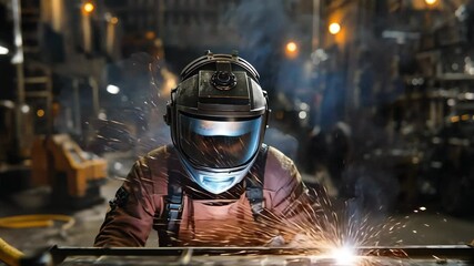 Welder sparks fly in workshop as expert crafts metal amidst vibrant workshop atmosphere