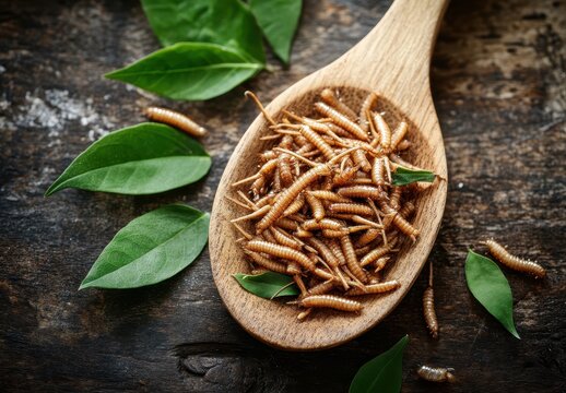 Close-up of dried edible insects on a wooden spoon with fresh green leaves, showcasing alternative protein sources for sustainable diets