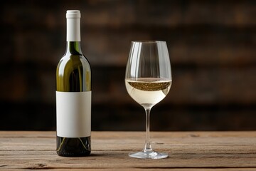 Fototapeta premium Glass and bottle of white wine on a wooden table