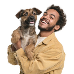 Joyful dog and owner embrace studio setting photo with transparent background