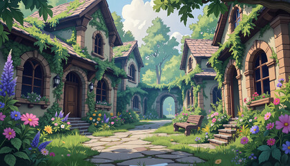 Naklejka premium Ivy Covered Fairytale Village Courtyard with Flowering Gardens