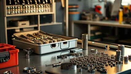 Engine parts arranged on glossy metal table showcasing detailed components and tools used in assembly and repair