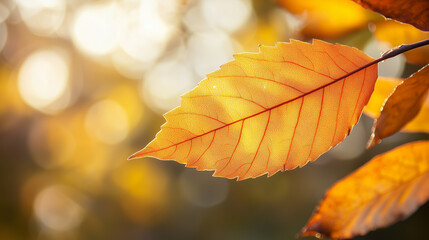 Obraz premium Orange autumn leaf against blurred forest background with warm sunlight