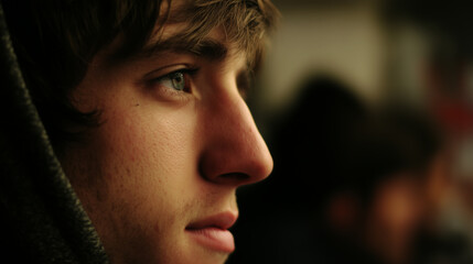 Close up portrait of a young man looking straight ahead with a calm and focused expression.