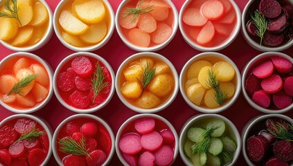 Naklejka premium Colorful pickled vegetables with top view.