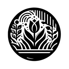 Black & White Tulip Garden Logo: Decorative Botanical Emblem