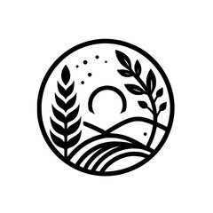 Minimalist Nature Logo: Circle, Landscape, Wheat, Leaves, Black & White