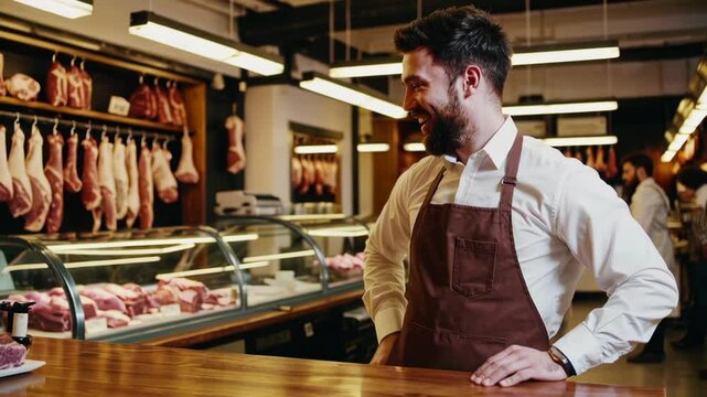 Friendly butcher showcasing fresh cuts in a busy butcher shop