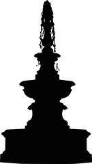 Silhouette of an ornate multi-level water fountain with flowing streams