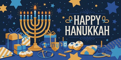 Festive Hanukkah Celebration with Menorah Candles Dreidels Gelt and Wrapped Gifts Traditional Jewish Holiday Background with Blue and Gold Decor Happy Hanukkah Greeting Card with Starry Confetti