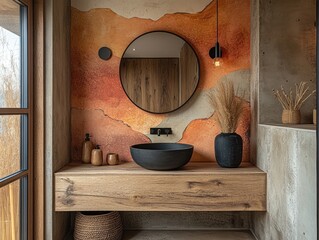 Modern bathroom design, wood vanity, orange wall art