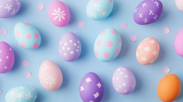 Colorful Easter Eggs on Blue Background with Various Patterns and Designs for Spring Celebrations and Festive Decor 4k video footage