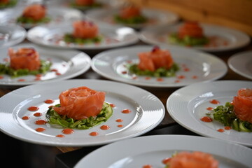 Tortino di salmone crudo.Piatto italiano