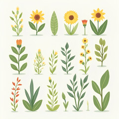 Six illustrated floral designs; pink, orange,  flowers with green leaves on white background.