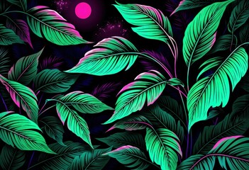 Vibrant tropical leaves against a dark background with a glowing moon