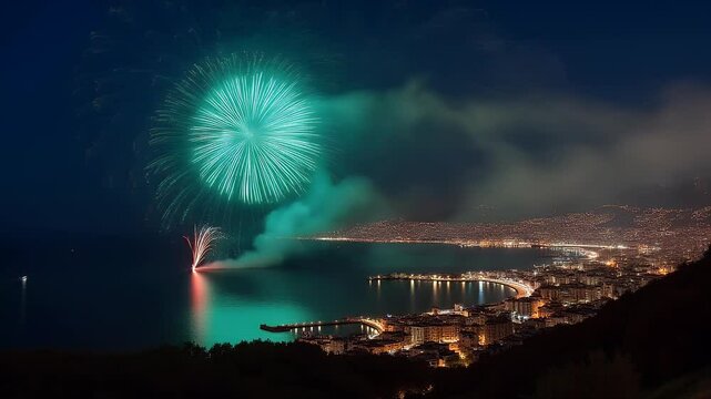 Night Landscape with Fireworks Display Over a Dark Expanse