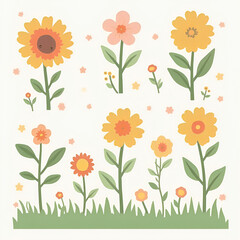Six illustrated floral designs; pink, orange,  flowers with green leaves on white background.