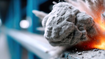 Explosive material disintegration, intense heat and smoke.  A large, grey, pulverized mass explodes outwards, producing a fiery, smoky cloud