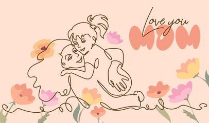 Happy Mothers day card. Continuous one line drawing. Woman hold her small daughter.