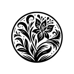 Black Floral Mandala in a Circle - Elegant Design, Botanical Ornament