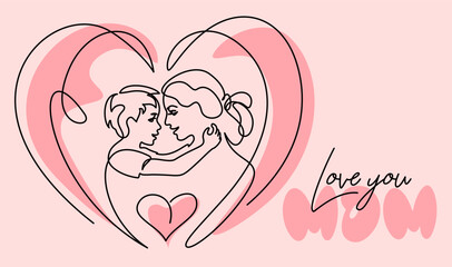 Happy Mother day card. Continuous one line drawing. Woman hold her little son inside heart.