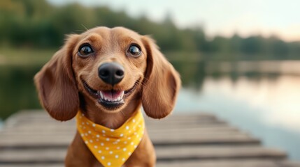 A joyful dachshund grins while sitting on a wooden dock beside the lake, showcasing its playful and friendly personality complemented by a vibrant yellow bandana against lush greenery.