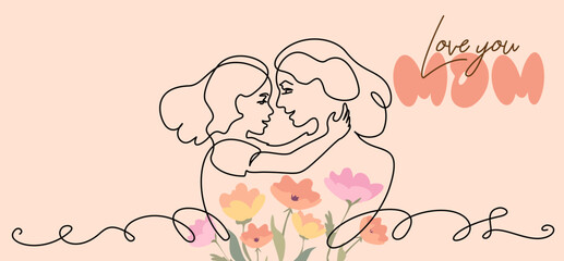 Happy Mothers day card. Continuous one line drawing. Woman hold her small daughter.