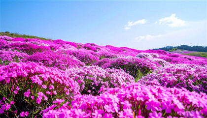 Obraz premium 一面に咲くシバザクラが広がる春の花畑 generative ai