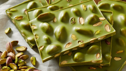 Pistachio Chocolate Delight: A tempting display of artisanal pistachio chocolate squares, showcasing the vibrant green hue of the pistachios.