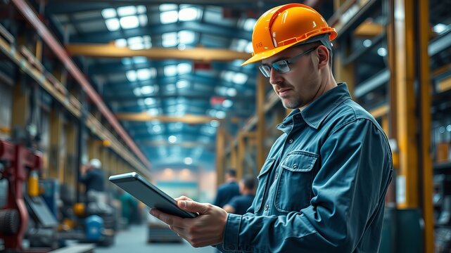 A focused male industrial worker in hard hat uses a tablet computer while inspecting a modern factory production line.