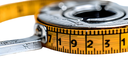 Close up of a yellow and silver measuring tape with numbers and markings visible on it