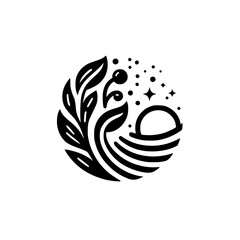 Minimalist Black & White Botanical Logo: Leaves, Berries, Sun, Stars