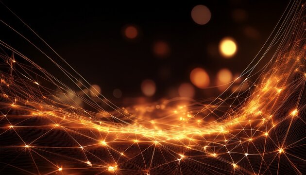 abstract glowing orange network lines and dots with bokeh on a black background