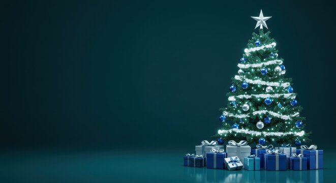 Decorated Christmas tree with star on top, string lights, blue and silver ornaments, and wrapped gifts on a teal reflective surface.