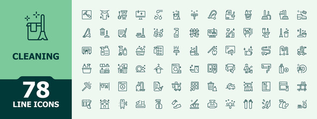 Cleaning icon set. Pictograms of disinfect, hygiene, clean, sweep and more. Disinfect simple icon pack. Minimal thin line web icons set. Editable vector illustration.