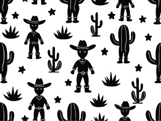 Cute Rodeo Cowboys & Desert Cactus Seamless Vector Pattern – Wild West Western Fabric Design

