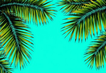 Vibrant palm leaves against a bright turquoise background